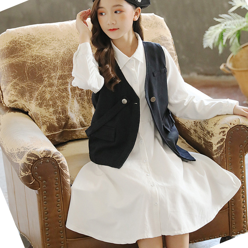 2020 Long Sleeve White Shirt Dress Child Kids Girls Outfits Clothes Set Autumn Spring And Vest Teenage Clothing Girl Sets SchooX1019