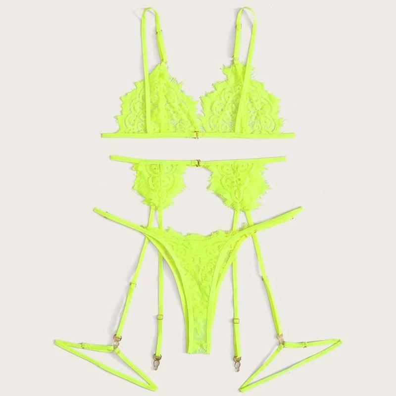 Neon Lime Floral Lace Garter Lingerie Set Sexy Women Transparent Lingerie Set See Through Ladies Bra Boneless Underwear Set LJ201031