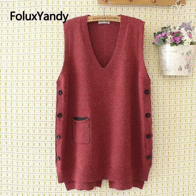 Buttons Knitted Vest Women Sleeveless Casual V-neck Plus Size Vests Red Blue Black KKFY4372 201102