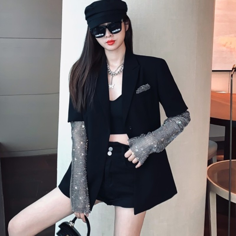 New fashion Autumn Black Blazer For Women Long Sleeve Diamond Patchwork Long Elegant Coat Female women Clothing 201201
