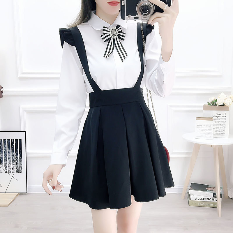 Preppy Style Suspender Skirt Two piece set Women Autumn New White Shirt and Strap Skirt Student Outfits Free Diamond Bow T200325