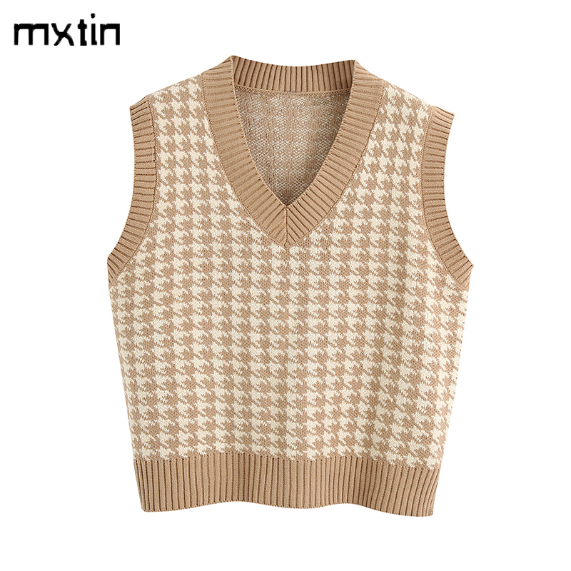 women fashion oversized knitted vest sweater V neck sleeveless houndstooth loose female waistcoat chic tops 201030