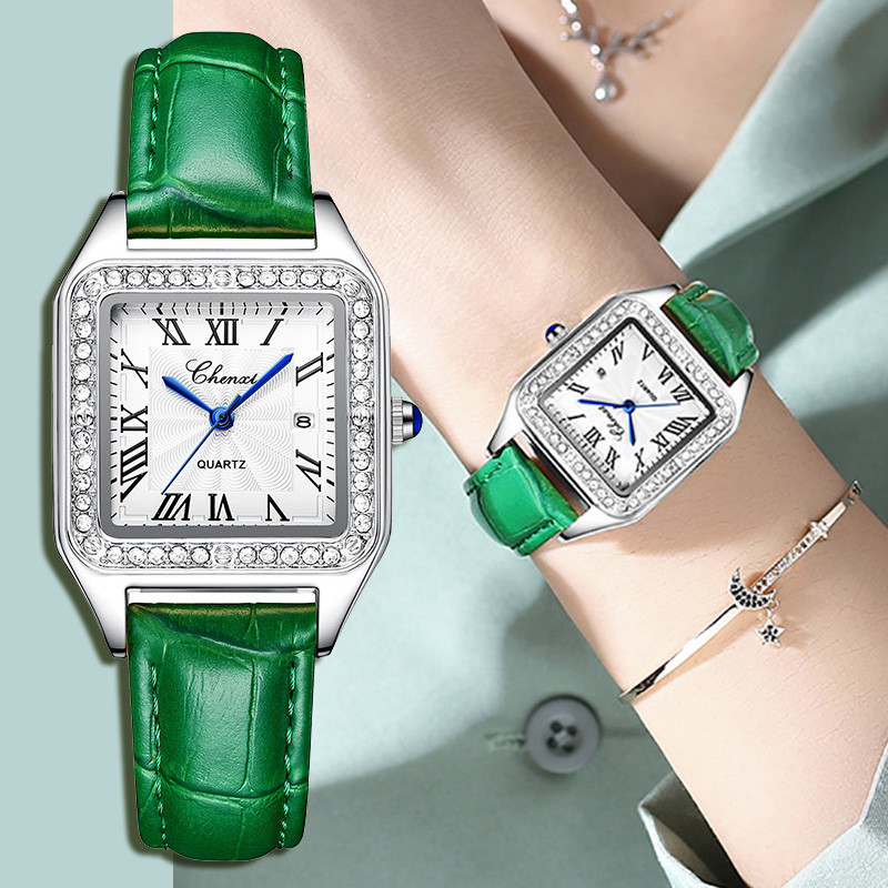 

Rectangle watch for women green leather band strap female white roman numeral dial wristwatch quartz clock rhinestone diamond womens watches