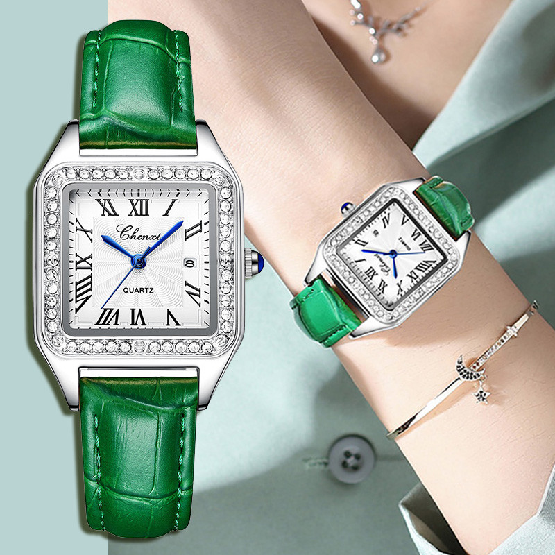 Rectangle watch for women green leather band strap female white roman numeral dial wristwatch quartz clock rhinestone diamond womens watches, Slivery;brown
Rectangle watch for women green leather band strap female white roman numeral dial wristwatch quartz clock rhinestone diamond womens watches, Slivery;brown
