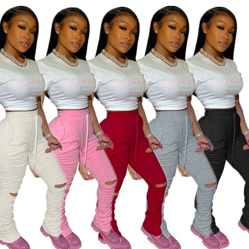 High Waist Sweatpants Women Summer Distressed Ripped Casual Stacked Leggings Flare Pants Trousers Women Sweat Pants Joggers T200422