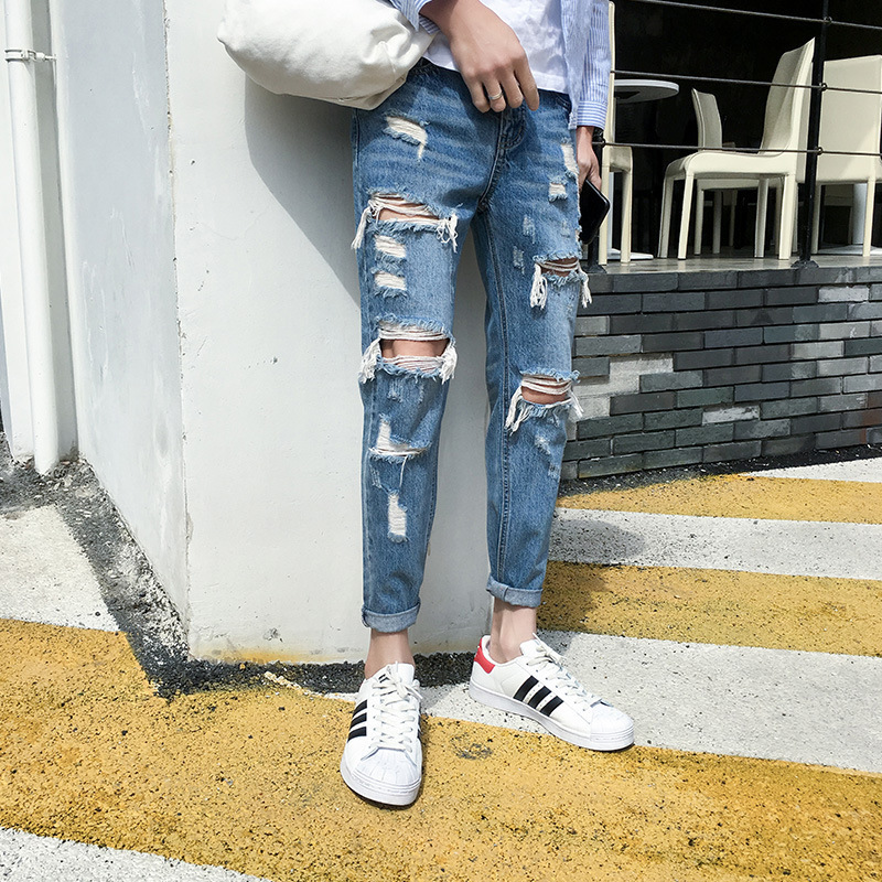 Top quality Distressed beggar jeans male giant ripped hole handsome male feet hip hop streetweat cowboy harem pants men 201111