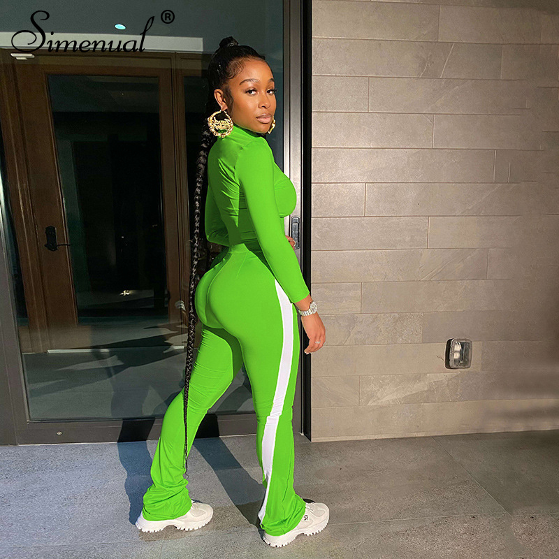 Simenual Sporty Casual Patchwork Women Two Piece Set Long Sleeve Workout Active Wear Outfits Zipper Top And Flare Pants Sets Hot T200817