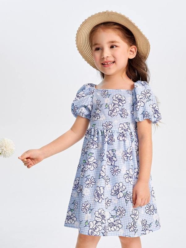 Toddler Girls Floral Print Puff Sleeve A-line Dress SHE