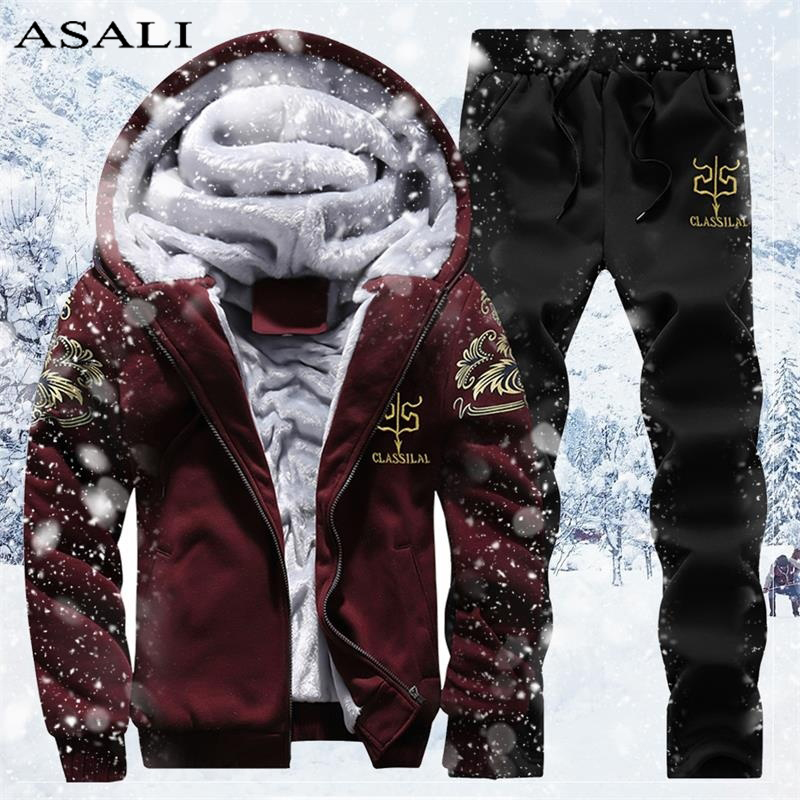 Winter Men's Set Fleece Hoodie Pant Thick Warm Tracksuit Sportswear Hooded Track Suits Male Sweatsuit For Man Tracksuit M-4XL 201124Z