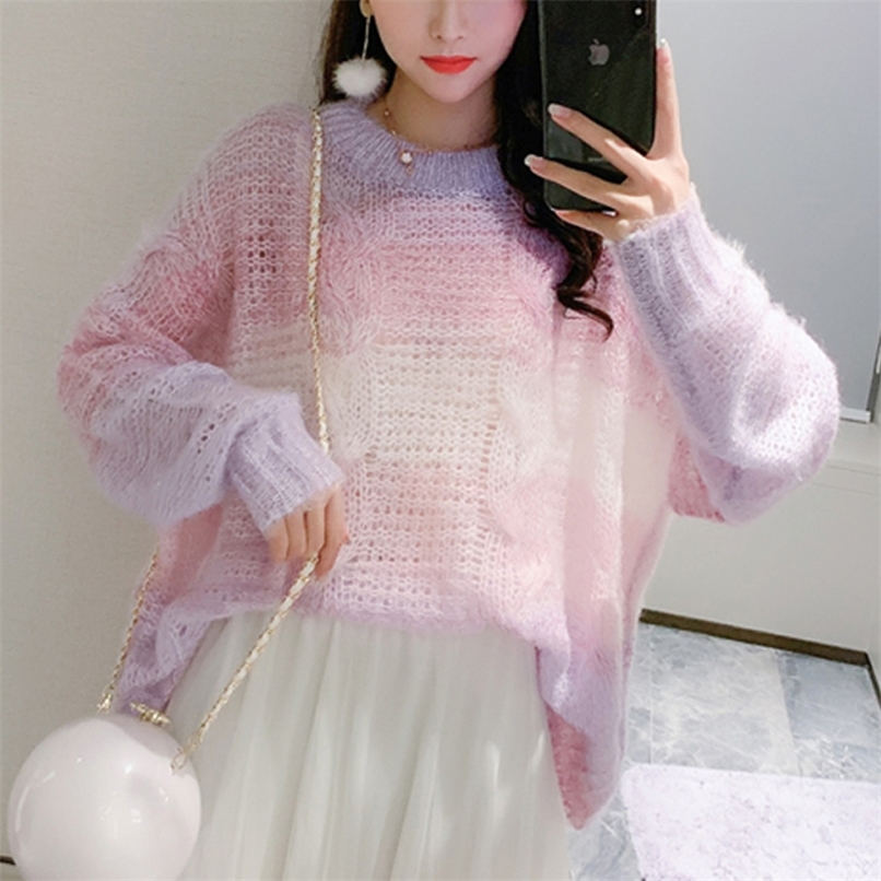 Rainbow Gradient Color Long sleeves Loose Oversized Sweater Spring Knitted Sweaters Thin Women Sweaters And Skirts 1623A 201221