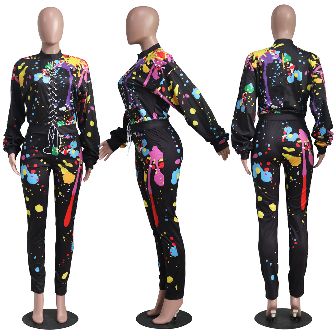 Women's Two Piece Pants European and American women's fashion lace-up graffiti printed sweater two-piece suit