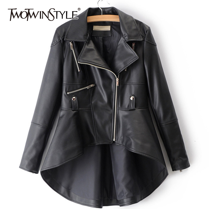TWOTWINSTYLE Spring Woman Solid Color Long Sleeve Turn-down Collar Zippers Irregular Hem Loose PU Coat Jacket Fashion New 201023