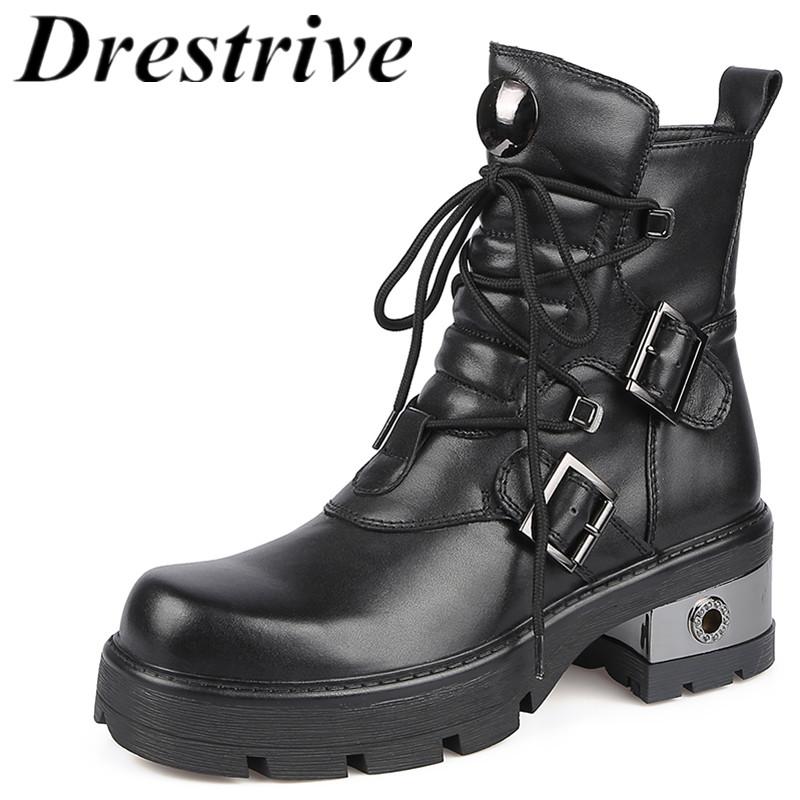 Drestrive Women's Ankle Boots Cow Leather Mid Heels Metal Cross Tied Black 2020 Autumn Fashion Shoes Buckle Platform Round Toe
Drestrive Women's Ankle Boots Cow Leather Mid Heels Metal Cross Tied Black 2020 Autumn Fashion Shoes Buckle Platform Round Toe