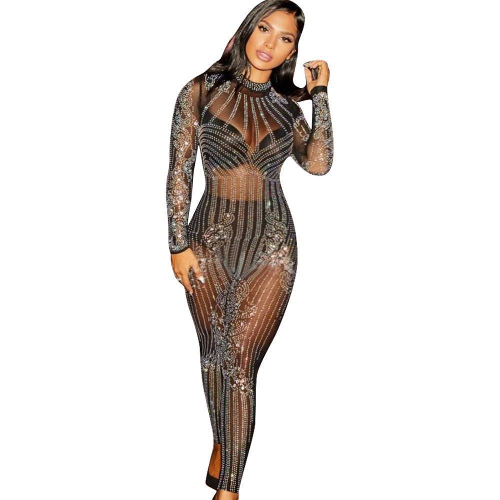 Rompers Womens Jumpsuit Rhinestone Glitter Sexy Long Sleeve Bodysuit Turtleneck Nightclub Mesh Elegant Jumpsuits Plus Size T200509