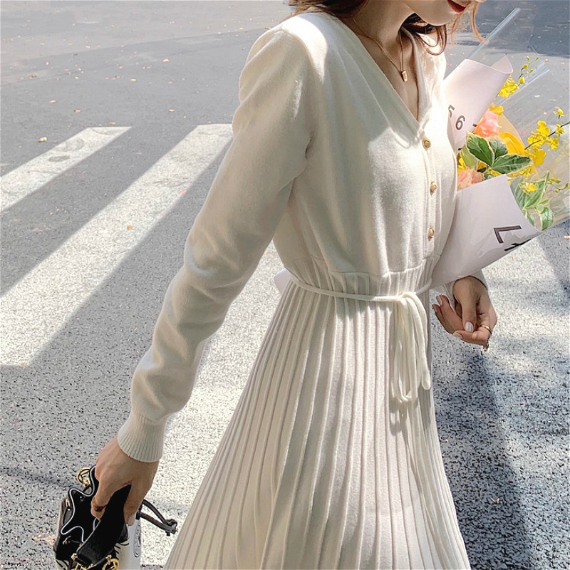 Midi Sweater Dress Women Casual Long Sleeve V-neck Elegant Office Knitted Dress Female One-piece Dress Korean Autumn Winter 201110