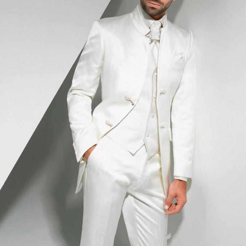 White Satain Men's Wedding Suits 3 PCS Groom Tuxedos Formal Stand Collar Male Latest Design Jacket Waistcoat with Pants 2020, Beige
White Satain Men's Wedding Suits 3 PCS Groom Tuxedos Formal Stand Collar Male Latest Design Jacket Waistcoat with Pants 2020, Beige