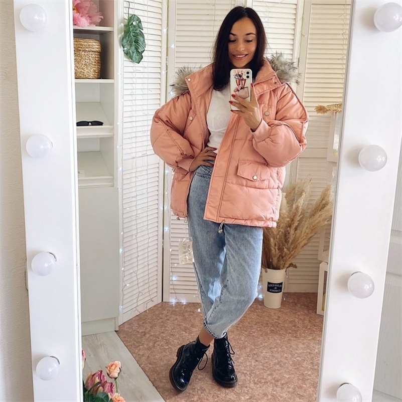 cotton women's long korean cotton coat fur collar long sleeves 201217