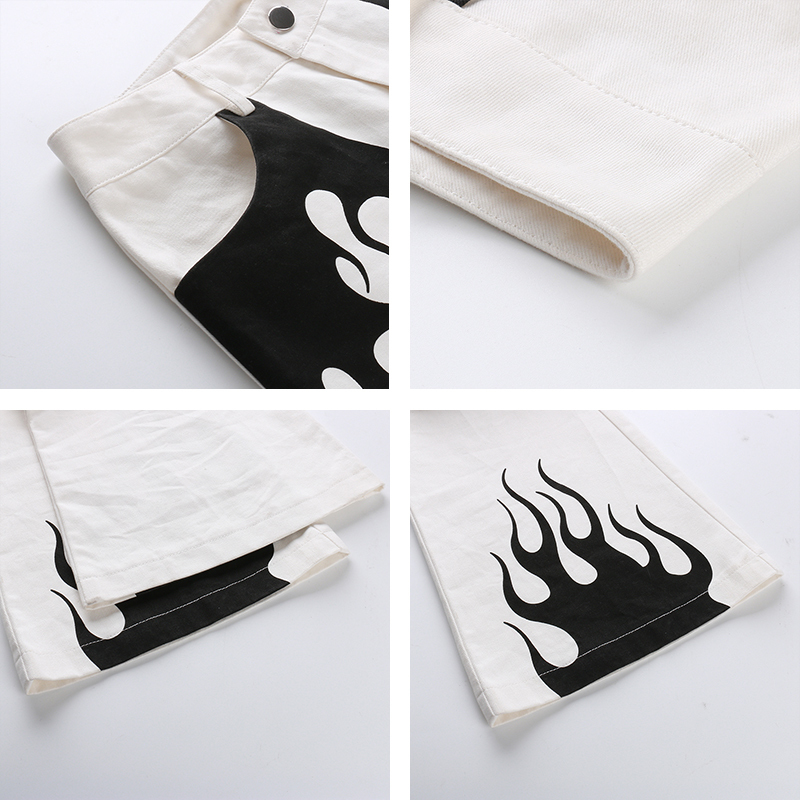 Rapwriter Casual Panelled Flame Print High Waist Long Flare White Pant Women Bottoms Harajuku Slim Fitness Fire Trousers Pocket 201106