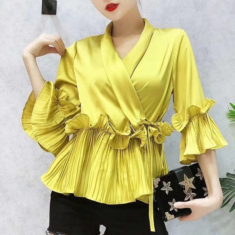 New Women Blouse V-neck Poplin Three Quarter Flare Sleeves Slim Blouse Ladies Casual Flounced Solid Draped Shirt Tops 201130