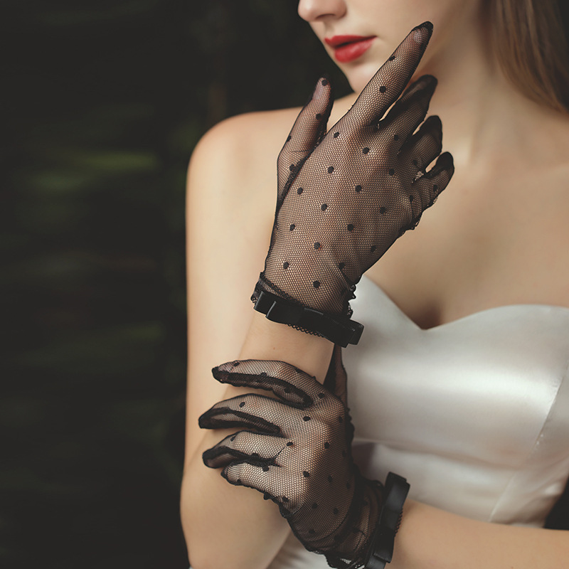 Wedding Gloves Transparent Dot Tulle Fishnet Gloves Black Ivory Wrist Length Bridal Finger Short Gloves