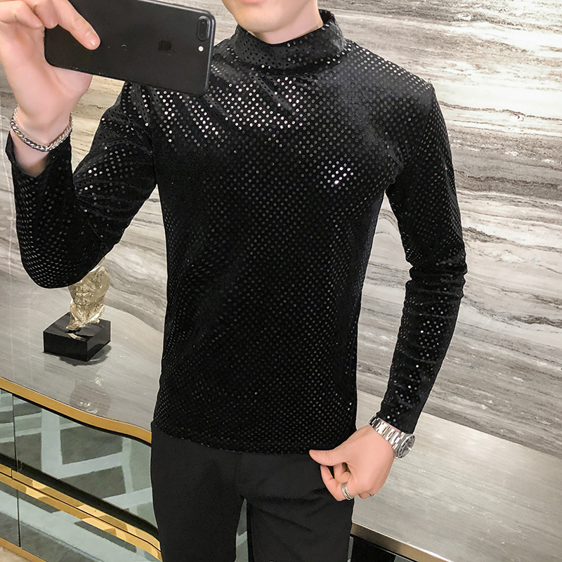 Fashion Autumn T-shirt Men Clothing Hot Sale Sequins T Shirts Mens Long Sleeve All Match Comfortable Knitted Turtleneck 5XL 201202
