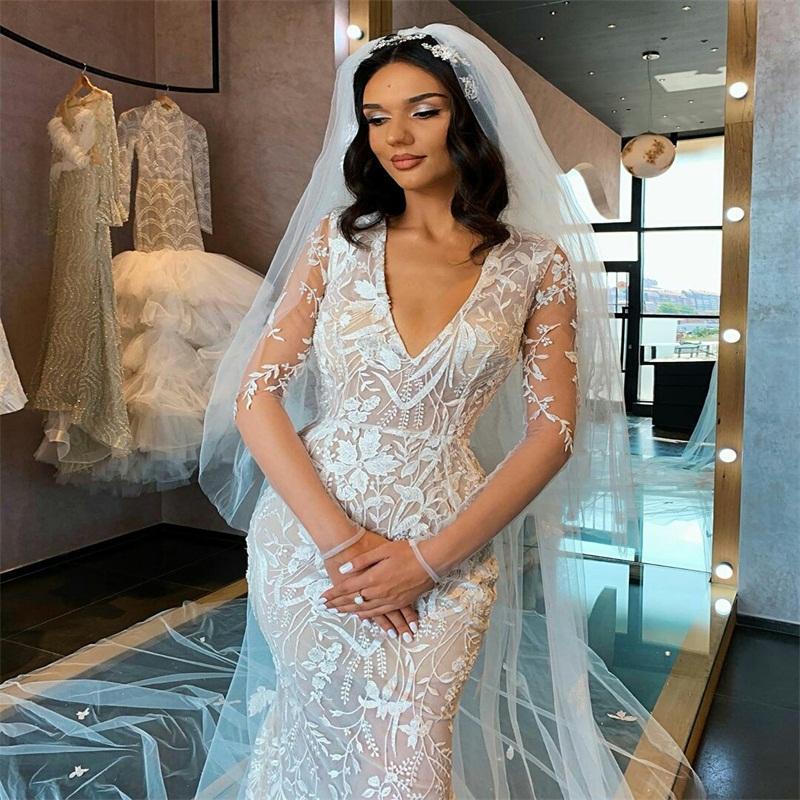 2021 Mermaid Wedding Dresses With Detachable Train V-neck Long Sleeve Bridal Gowns Full Appliqued Lace Sweep Train Vestidos De Novia