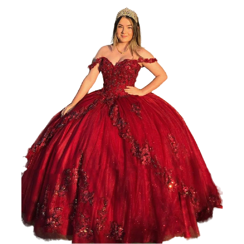 Luxury Burgundy Lace Beads Quinceanera Dresses Ball Gown Sweet 16 Year Princess Dress For Gilrs Off The Shoulder Sleveless Floor length Prom vestidos 