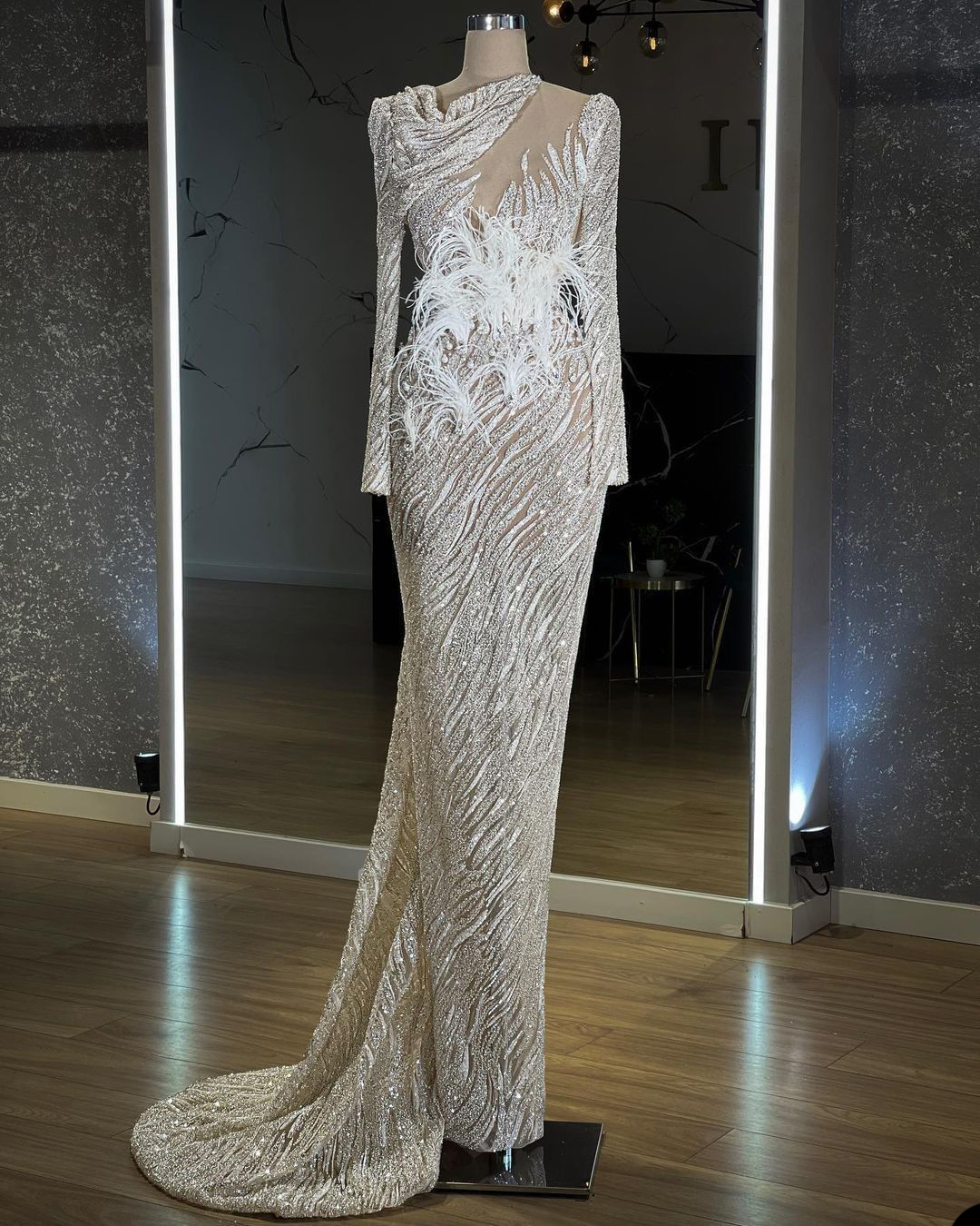 Gorgeous Sequins Mermaid Prom Dresses Sparkly Sheer Neck Long Sleeve Ostrich Feather Evening Dress Pleats Women vestidos Custom Made