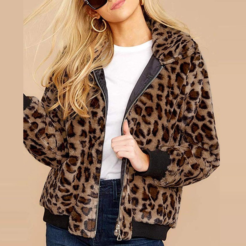 2019 New Sexy Female Jacket Autumn Winter Leopard Jacket Print Fleece Long Sleeves Cardigan Zipper Keep Warm Coat chaqueta mujer T200114