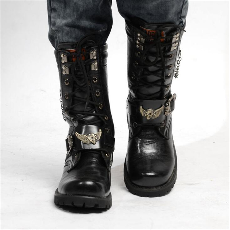 Fashion Motorcycle Cool Skull Combat Army Punk Goth Biker Boots Leather Men Shoes High Top Casual Boot 201127