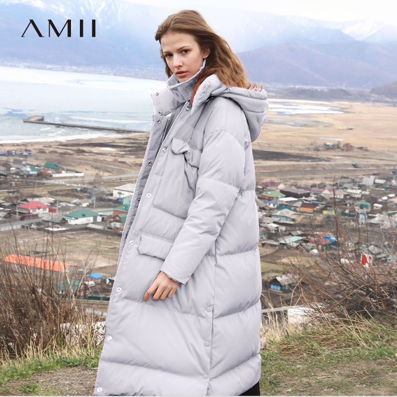Amii Minimalist Women Long Down Jackets Winter Causal Soild Pockets Thick Warm White Duck Down Female Hooded Down Coat 11840275 201019