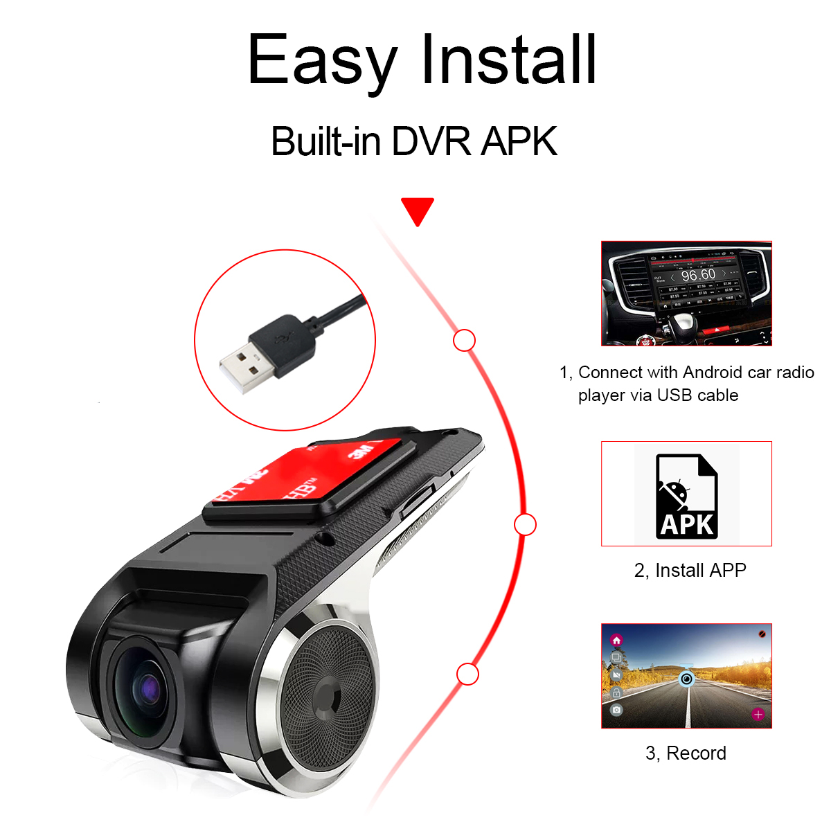 Real 1080P HD Car DVR Camera Android USB Car Digital Video Recorder Camcorder Hidden Night Vision Dash Cam 170° Wide Angle Registrar