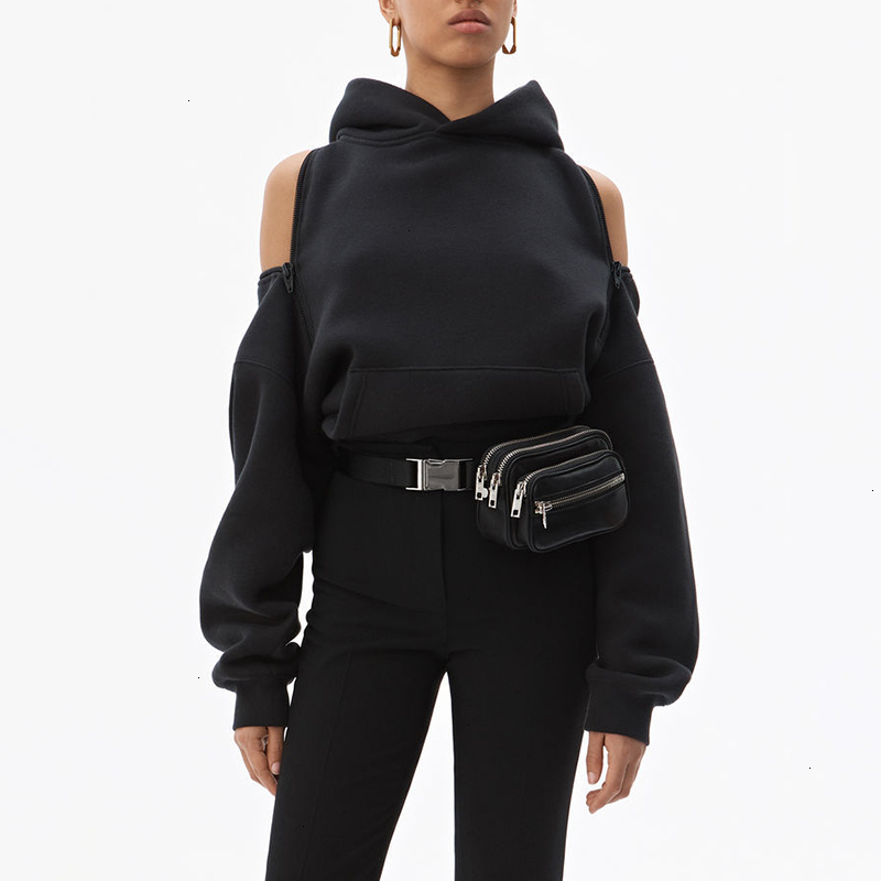 CHICEVER Black Women's Sweatshirts Hooded Long Sleeve Zipper Backless Off Shoulder Sweatshirt Spring Fashion Clothes New 201105