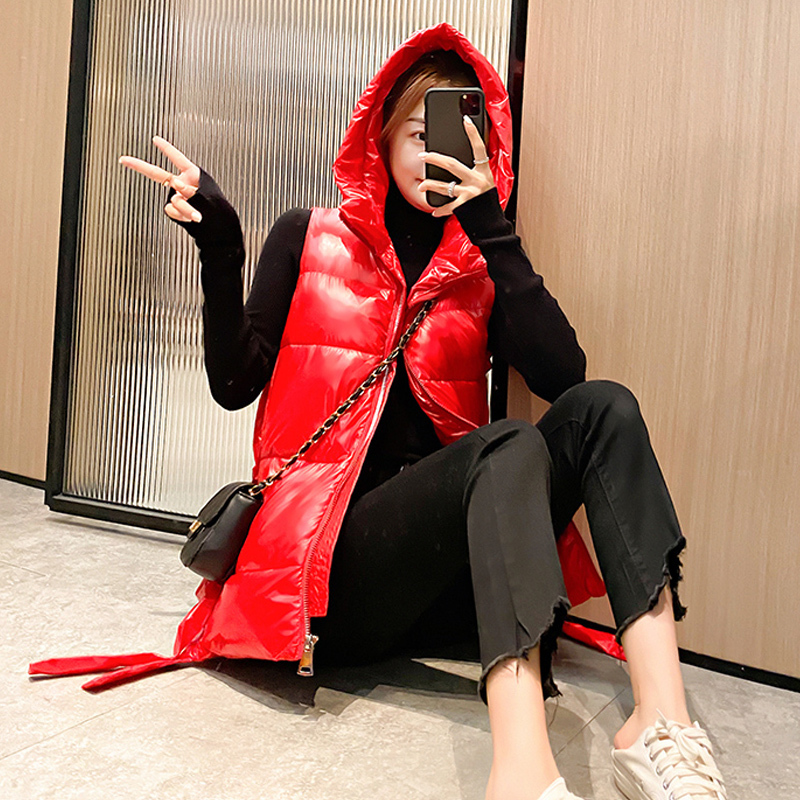 Winter Women's Long Vest Shiny Solid Hooded Sleeveless Jacket Plus Size Stand Collar Cotton Padded Thick Casual Outwear 201211