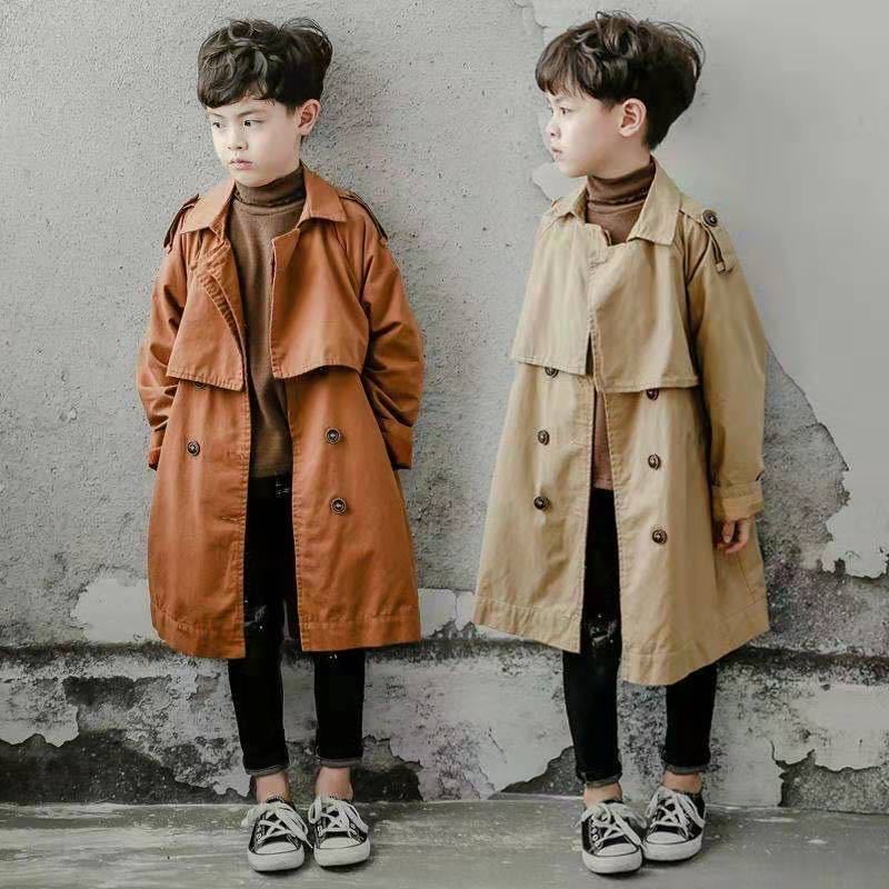 Boy Trench Coat High Quality Long Coat Teenagers Outerwear Spring Fall 100-140cm Turn-down Collar Casual Handsome Cotton Clothes LJ200831