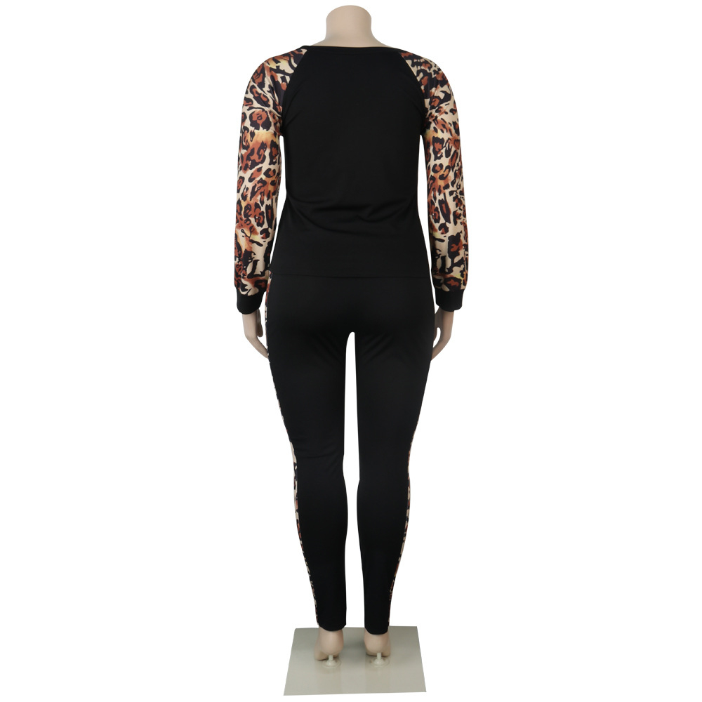 Tsuretobe Plus Size Leopard 2 Piece Set Women Tie Dye Fall Clothes For Women Patchwork Woman Tshirts Woman Pants Bodycon Outfits 201119