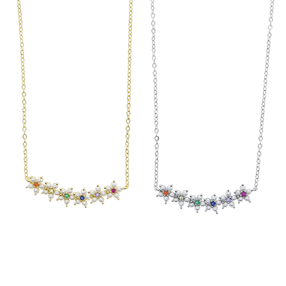 2021 Gold Color Micro Pave Colorful Rainbow Cubic Zirconia Cz Pearl Beaded Flower Charm Cute Lovely Delicate Dainty Cz Women Necklace
