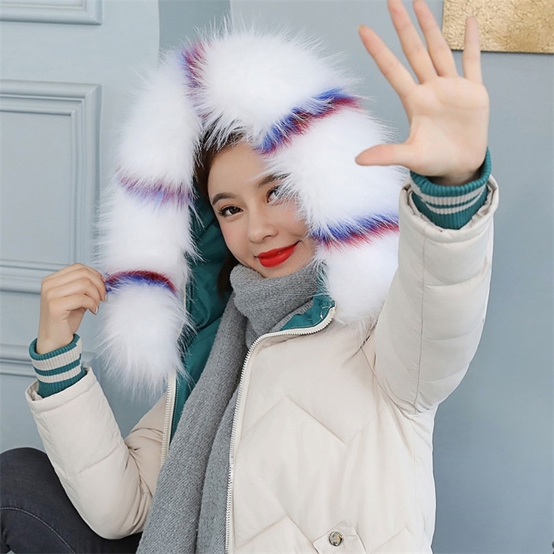 Long Colorful Fur Women Hooded Bakery Oversize Winter Down Coat Thick Warm Jacket Cotton Padded Wadded Parkas Big Pocket Y201001