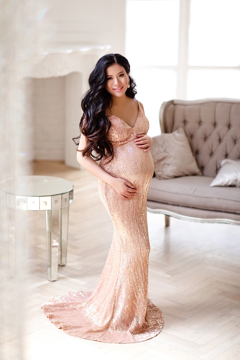 Glitter Sequined Maternity Dress For Photo Shoot Illusion Photography Gown Kimono Women Evening Prom Robe Bathrobe Sleepware