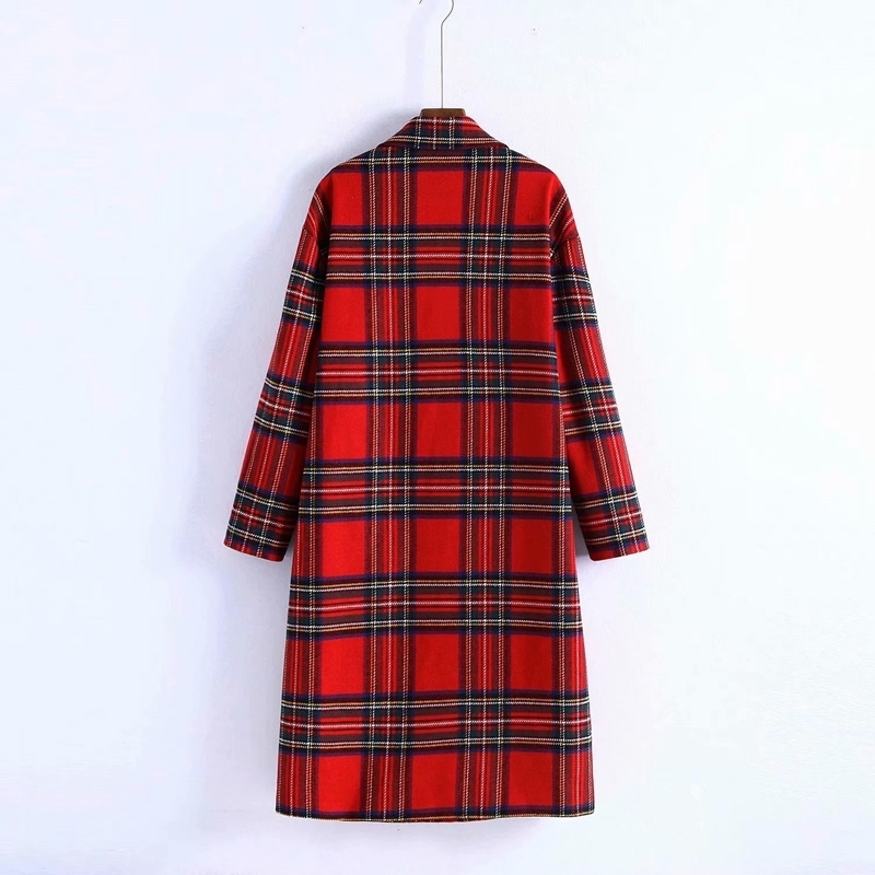 Women Vintage Winter Red Plaid Coat Long Woolen Single-breasted Female Wide-Waisted Wool Coats Jacket Parka 201030