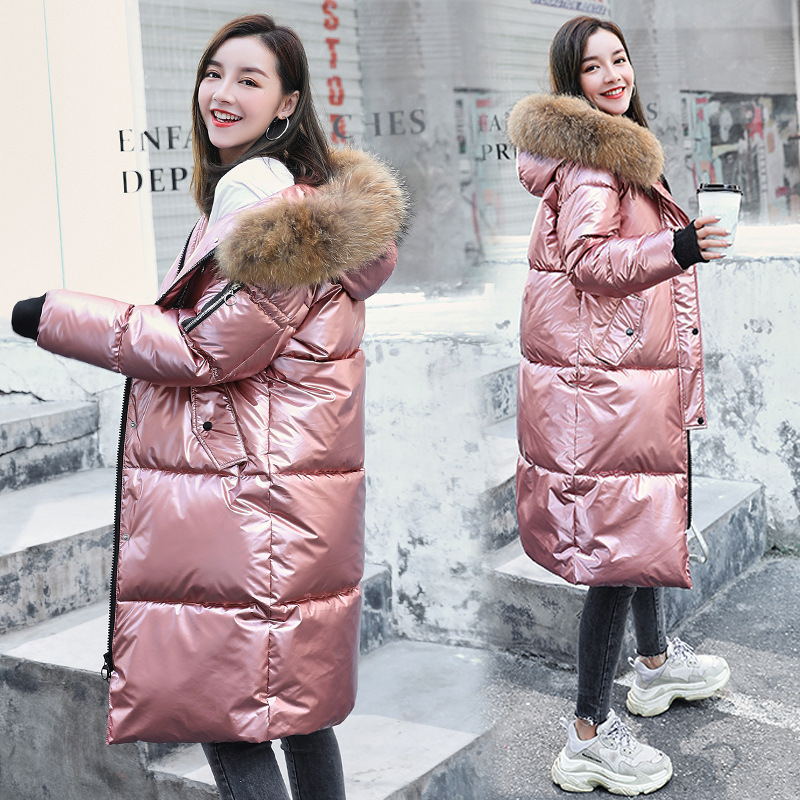 Fashion Winter Women's Long Glossy Big Fur Silver Down Jackets Hooded Coat Down Parkas Thick Winter Jacket Women Outwear 201127