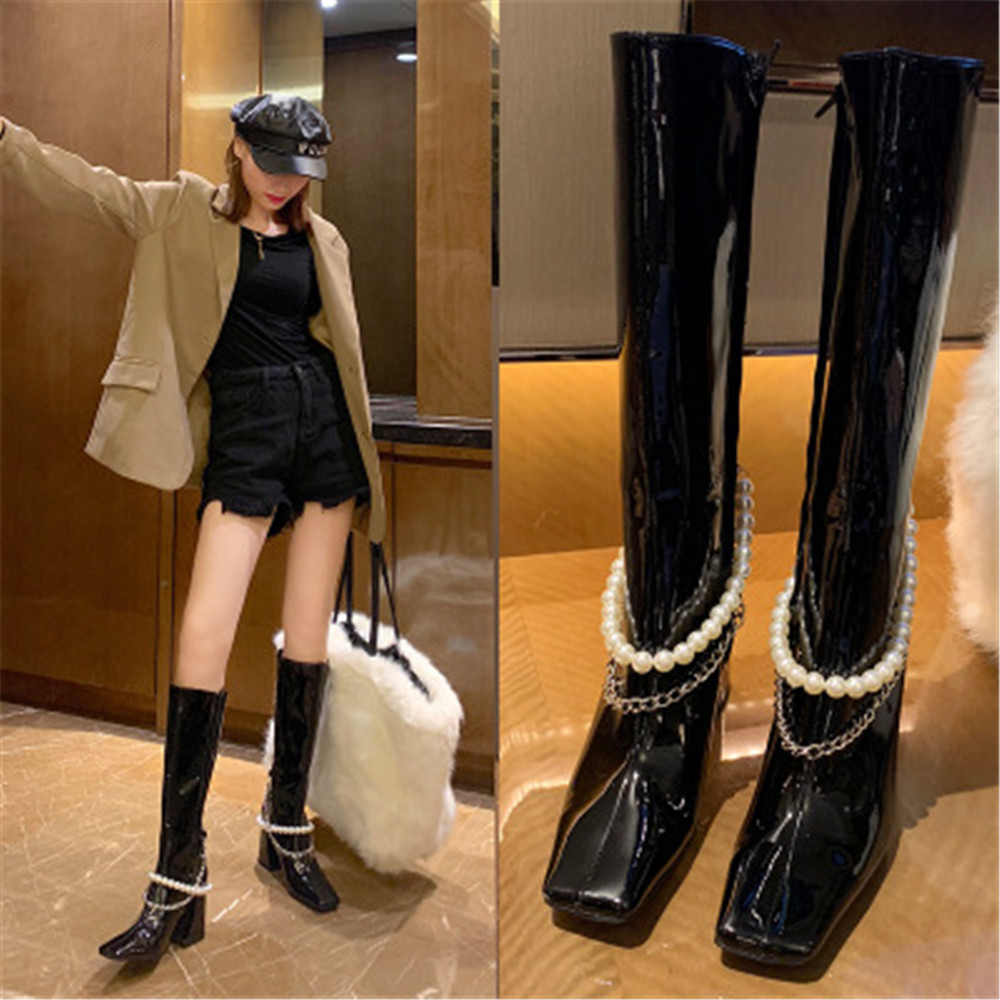 Fashion 2021 New Metal Cord Women's Chain Design Knee High Leather Boots Square Jumps Ladies Zip Shoes 6K8W, Black 1
Fashion 2021 New Metal Cord Women's Chain Design Knee High Leather Boots Square Jumps Ladies Zip Shoes 6K8W, Black 1