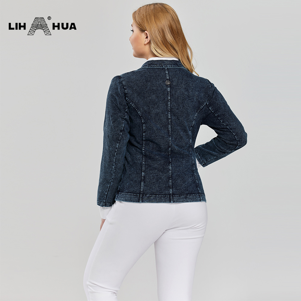 LIH HUA Women's Plus Size Casual Fashion Busine Denim Suit Premium Stretch Knitted Slim Fit Jacket 201114