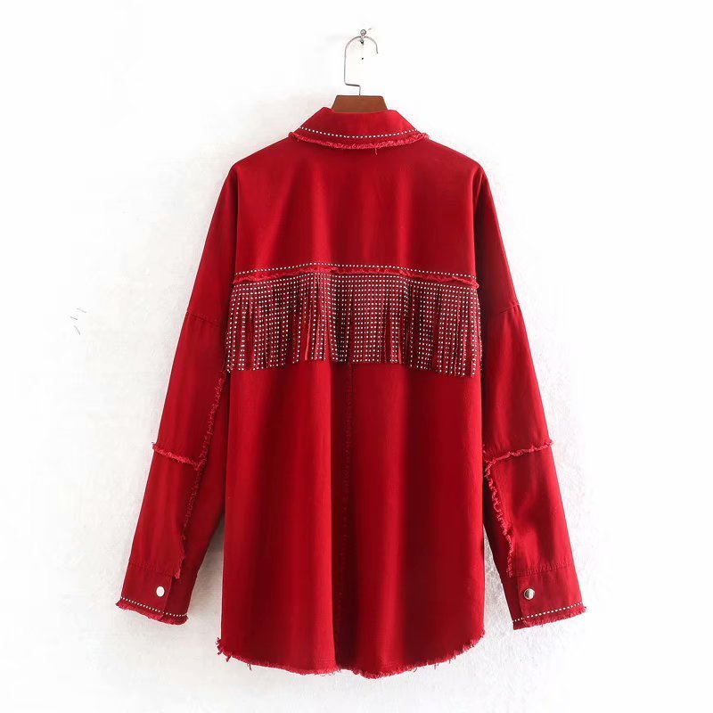 Red Vintage Shiny Rhinestone Fringed Women's Jacket Lapel Long Sleeve Single-breasted Harajuku Chic Loose Female Coat Denim Coat 201112