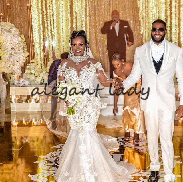 Plus Size Mermaid Wedding Dresses abiti da sposa sirena 2021 Sparkly Crystal Lace Aftican Nigerian Long Sleeve Wedding Gown