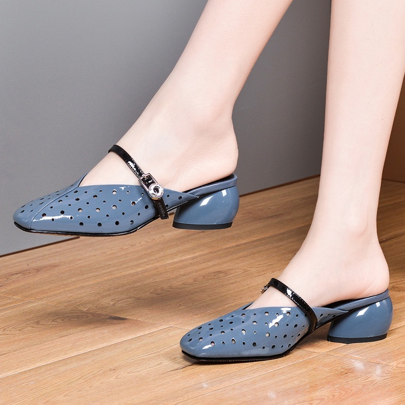 2021 Genuine Leather Sandals for New Fashion Heels Black Foot Toe Blue Shoes Size 42 5p31