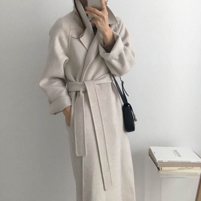 LANMREM autumn gray turn-down collar woolen coat with belt fashion Korean gentle elegant new loose long tweed coat 201103