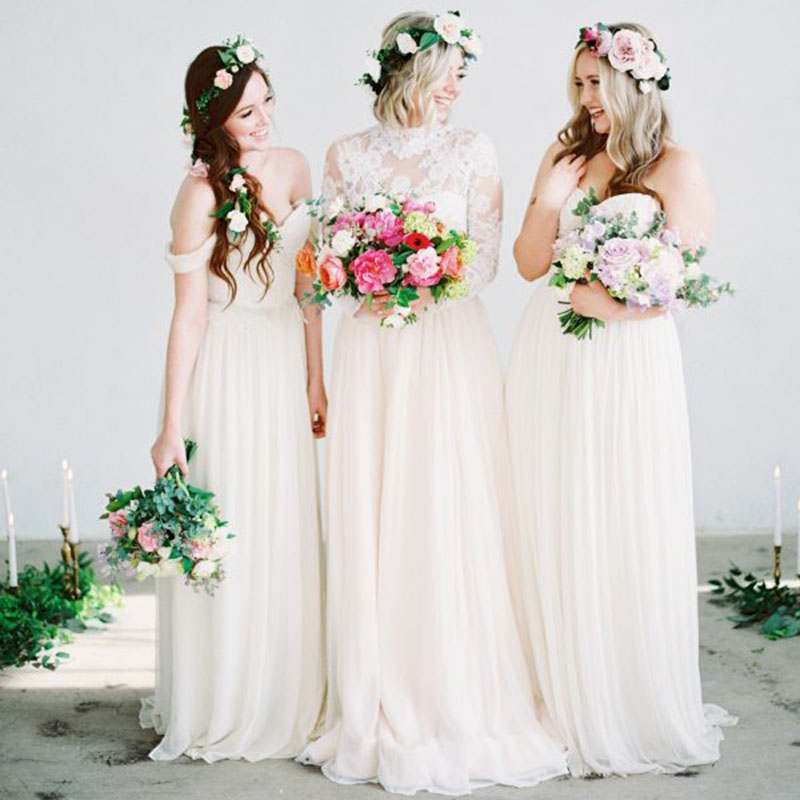 Two Piece Boho Beach Wedding Dress A Line 2021 Long Sleeves Bride Dresses Top Appliqued High Neck Illusion Lace Chiffon Country Bridal Gowns