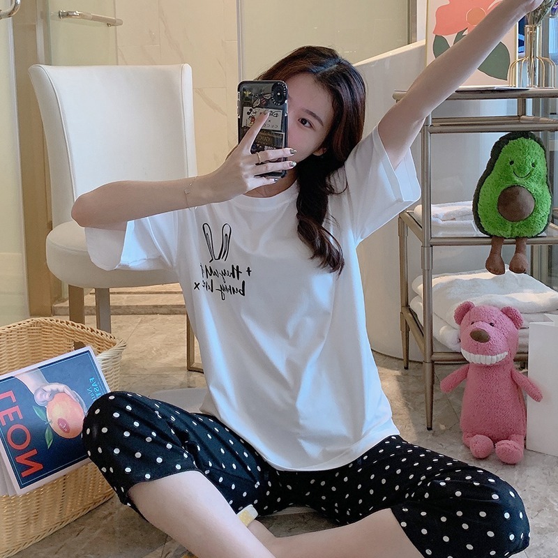 2020 Summer Short Sleeve Knee Length Pajama Sets for Women Cute Cartoon Sleepwear Suit Pyjama Homewear Pijama Mujer Home Clothes T200429