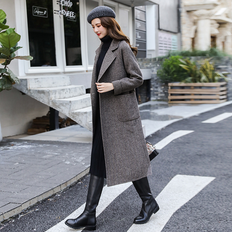 Korea long coat for fashion Woolen Loose Coat Long Selfcultivation notched collar long sleeve topcoat with belt YH71 201102